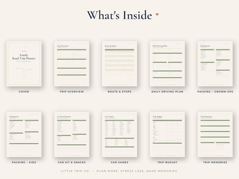 May include: A digital family road trip planner set featuring ten pages with a cream background and dark green accents. Pages include a cover, trip overview, route and stops, daily driving plan, packing lists for adults and kids, car kit, games, budget, and memories.