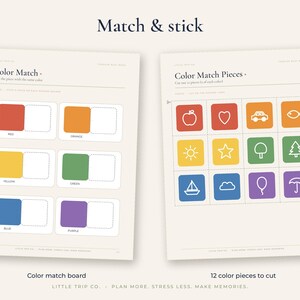 May include: Two printable activity sheets titled Match & stick. The left sheet, Color Match, features six coloured squares with blank spaces. The right sheet, Color Match Pieces, contains twelve squares with white line icons of objects in various colours.
