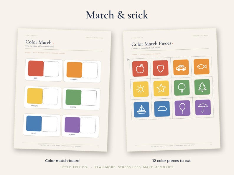 May include: Two printable activity sheets titled Match & stick. The left sheet, Color Match, features six coloured squares with blank spaces. The right sheet, Color Match Pieces, contains twelve squares with white line icons of objects in various colours.