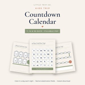 Trip Countdown Calendar for Kids, Printable Vacation Chart, 7 14 30 Day Fillable Download