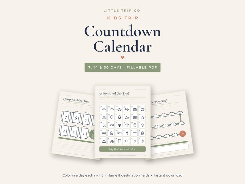 Trip Countdown Calendar for Kids, Printable Vacation Chart, 7 14 30 Day Fillable Download image 1