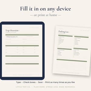 May include: A digital trip planner template displayed on a tablet screen and a printed page. The documents feature olive green headers and lines with text including Trip Overview, Smoky Mountains, TN, and Packing List for travel organization.