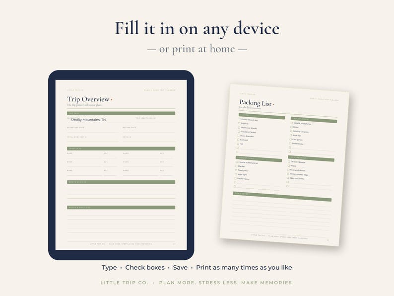 May include: A digital trip planner template displayed on a tablet screen and a printed page. The documents feature olive green headers and lines with text including Trip Overview, Smoky Mountains, TN, and Packing List for travel organization.