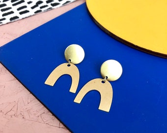 Brass Circle + Arc Drop Geometric Statement Stud Earrings Gifts For Her