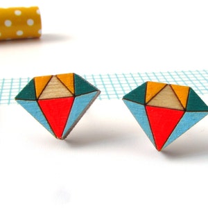 Geometric Diamond Earrings - Crystal Studs - Contemporary Jewellery - Quirky Gift - Small Earrings - Wooden Jewelry - Eco Friendly Fashion