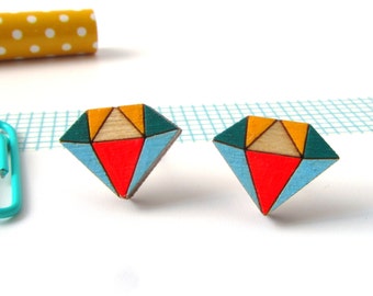 Geometric Diamond Earrings - Crystal Studs - Contemporary Jewellery - Quirky Gift - Small Earrings - Wooden Jewelry - Eco Friendly Fashion