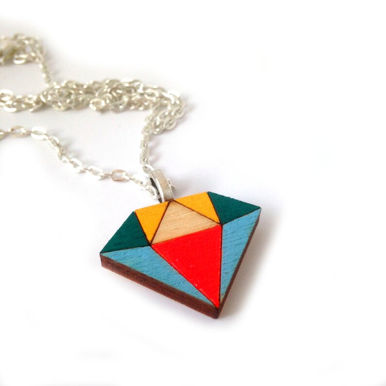 Wooden Diamond Geometric Necklace Hand Painted Contemporary Jewelry Crystal Necklace Wooden Jewellery Laser Cut image 3