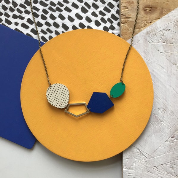 Abstract Geometric Gem Wooden Necklace - Eco Gift - Statement Necklace