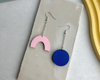 Mix and Match Drop Style Wooden Earrings | Colourful Earrings | Abstract Arty Eco gift | Mis Match earrings | Responsibly made