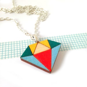 Wooden Diamond Geometric Necklace Hand Painted Contemporary Jewelry Crystal Necklace Wooden Jewellery Laser Cut image 1