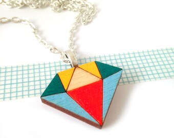 Wooden Diamond Geometric Necklace - Hand Painted - Contemporary Jewelry - - Crystal Necklace - Wooden Jewellery - Laser Cut