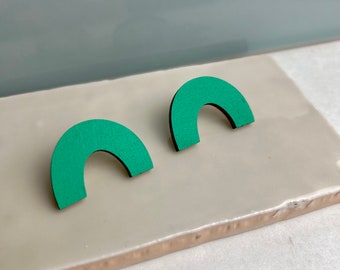 Green Wooden Arc Earrings - Bold, fun and colourful stud earrings - eco friendly gift