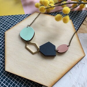 Abstract Geometric Gem Wooden Necklace Eco Gift Statement Necklace zdjęcie 4