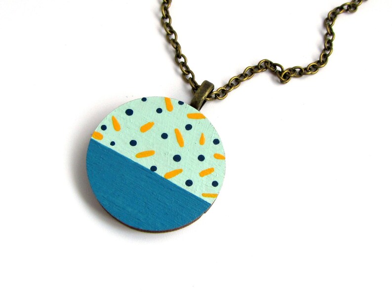 Mint Green Hand Painted Polka Dot Wooden Circle Necklace Geometric Jewellery image 1