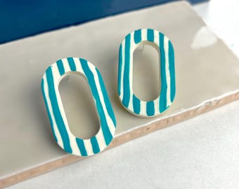 Jesmonite Stripe Hoop Style Stud Earrings | Green Striped Studs | Jesmonite Jewellery | Ethically made gift | Clay Earrings