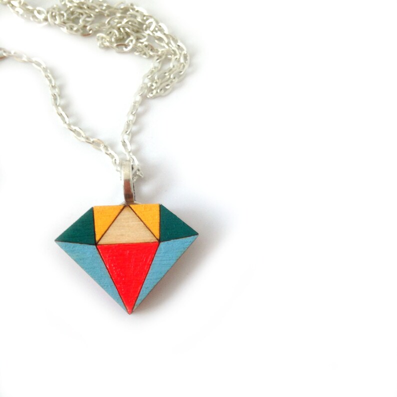 Wooden Diamond Geometric Necklace Hand Painted Contemporary Jewelry Crystal Necklace Wooden Jewellery Laser Cut image 2