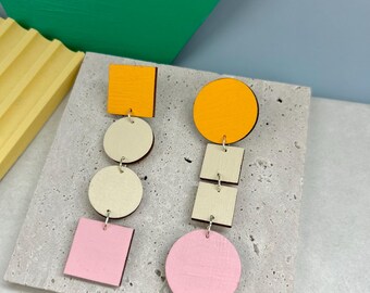 Circle And Square Statement Wooden Stud Earrings | Colourful Jewellery | Eco Friendly Gift Idea | Laser Cut Earrings