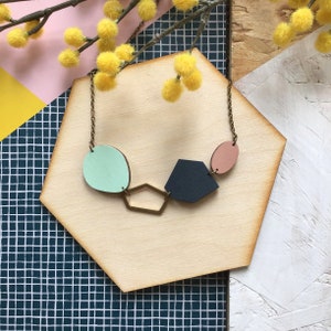 Abstract Geometric Gem Wooden Necklace Eco Gift Statement Necklace image 2
