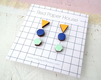 Geometric Shape Trio Of Wooden Earrings