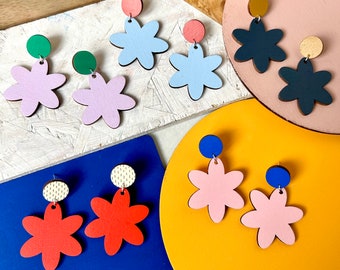 Statement Wooden Flower Stud Earrings Colourful Jewellery Gifts For Her Geometric Earrings