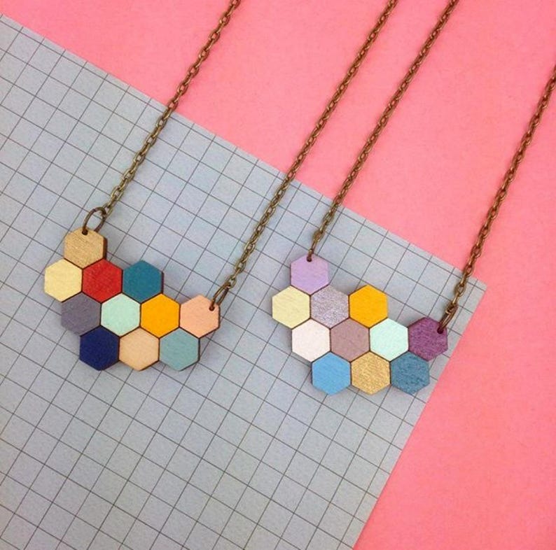 Gift Ideas for Quilters: colourful hexagon wooden pendant necklace that looks like a mini quilt!