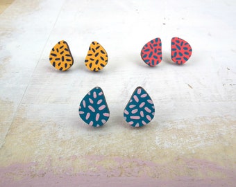 Spotty Teardrop Eco Friendly Wooden Stud Earrings