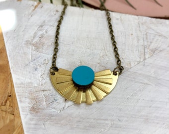 Brass Sun Beam Necklace: Teal Wood Accent, Handmade