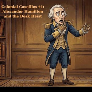 May include: A digital illustration titled Colonial Casefiles #1: Alexander Hamilton and the Desk Heist, featuring a cartoon figure in an 18th-century blue and gold military uniform with white breeches, looking shocked with a hand over their mouth.