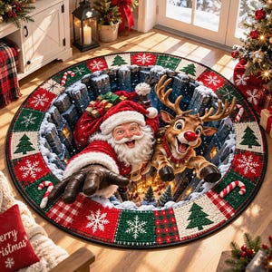 3D Illusion Christmas Round Rug, Santa Reindeer Holiday Floor Mat, Quilted Patchwork Design