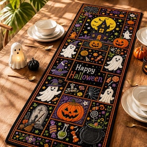 May include: A rectangular black table runner featuring a grid of colorful Halloween illustrations including ghosts, jack-o'-lanterns, a haunted house, a witch's hat, a cauldron, and candy. The text Happy Halloween is printed in the center of the runner.