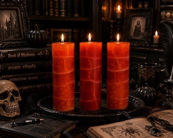 Orange Crackle Pillar Candle Set of 3, Halloween Candles, Spooky Fall Decor, Gothic Candle Set, Autumn Centerpiece