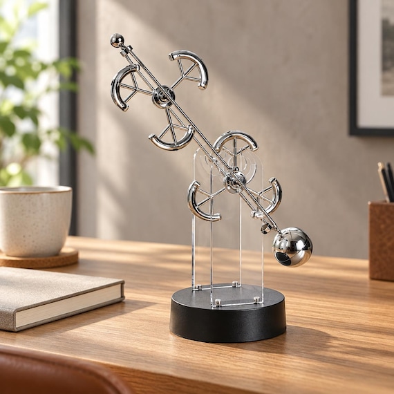 Handcrafted silver kinetic balance sculpture available in nautical motifs (ship wheel, anchor, ring) — a subtly mesmerizing desk piece with a personal-choice twist.
