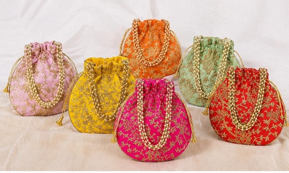 100 Pcs Embroidered Silk Potli Bags, Indian Wedding Favor Bags, Handmade Drawstring Gift Pouches, Party Return Gifts, 9x10 Inches