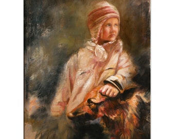 Girl and Dog Art - Matted Print of Original Oil Painting -