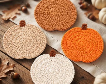 Crochet Pumpkin Set of 4 Cup Mats, Handmade Cotton Coasters, Fall Table Decor, Autumn Home Decor, Thanksgiving Gift, Cozy Home Gift
