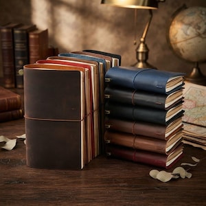 Op de afbeelding: Een verzameling rechthoekige leren notitieboeken in diverse kleuren, waaronder donkerbruin, rood, blauw en zwart. Elk notitieboek is beveiligd met een dun elastiek dat verticaal om de kaft is gewikkeld om de papieren pagina's vast te houden.