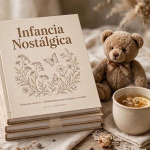 Puede incluir: Una pila de tres libros para colorear de color beige con el título Infancia Nostálgica impreso en marrón, una ilustración de líneas de flores y mariposas, un oso de peluche marrón y una taza de cerámica con té y una rodaja de limón.