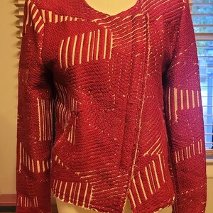 Authentic IRO Paris Mepsie Red Tweed Moto Jacket, Lurex Patchwork Asymmetric Blazer, French Size 40 / US Medium 8