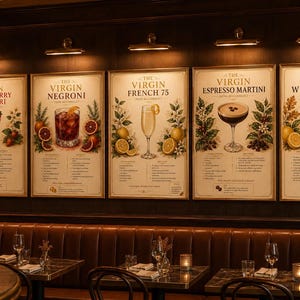 Peut inclure: Cinq affiches murales encadrées présentant des recettes de cocktails sans alcool intitulées The Virgin Strawberry Daiquiri, Negroni, French 75, Espresso Martini et Whiskey Sour. Chaque impression illustre le cocktail et ses ingrédients.