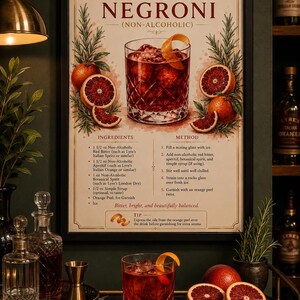 Impresión de receta de Negroni virgen, lámina imprimible de cóctel sin alcohol de naranja amarga, póster de cóctel sofisticado para descarga digital, descarga instantánea.