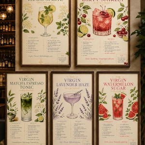Peut inclure: Cinq affiches encadrées présentant des recettes de cocktails sans alcool : The Virgin Hugo Spritz, The Virgin Dirty Shirley, The Virgin Matcha Espresso Tonic, The Virgin Lavender Haze et The Virgin Watermelon Sugar, chacune avec des illustrations.