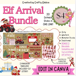 May include: An Elf Arrival Bundle digital template set featuring 20 editable slides in Canva. The graphics include various elf characters, monster trucks, Christmas trees, and Hanukkah themes with text such as Elf Arrival Bundle, Edit in Canva, and Hey Wren I'm Back.