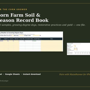 May include: A digital record book for corn farmers titled Corn Farm Soil & Season Record Book. It features a spreadsheet layout for tracking daily weather, growing degree days, soil samples, and yield, compatible with Excel and Google Sheets.