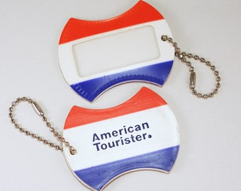 New Old Stock Deadstock Vintage 1991 Pack of 2 Black Vinyl Luggage Tags American Tourister Gold Hardware Address - 90s Traveling