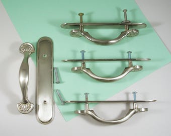 Salvaged Drawer Pulls with Back Plate - Qty 4 - Recycled Furniture Pulls - Silver Finish - Metal - Wabi Sabi - Arch Shape - Fan Motif Detail