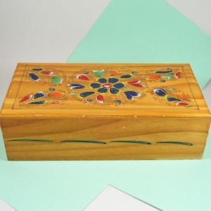 Vintage Handmade Wood Box - Folk Art Painted Pine Box - Trinket Box - Dutch Inspired - Recipe Box - Keepsake Storage