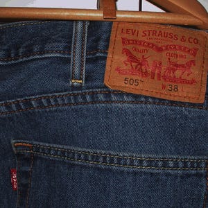 Levi's 505 Red Tag Jeans - Classic Men 38 - Hemmed to 24 Inseam - Old, Gently Worn - Medium to Dark Blue - Reduce, Reuse, Recycle