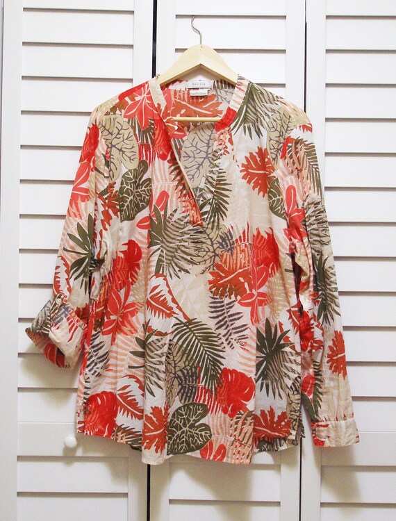 Vtg 100 Cotton Tunic Blouse - Women XXL - Light and Breezy - Tropical Reds, Pinks, Corals and Greens - Hot Summer Days