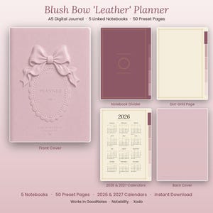Peut inclure: Un ensemble de planificateur numérique A5 rose poudré comprenant une couverture avec un nœud en relief et un cadre ovale, un séparateur de carnet, une page à points et des calendriers 2026 et 2027. Le texte indique Blush Bow Leather Planner et 50 Preset Pages.