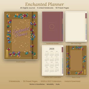 May include: An Enchanted Planner digital journal set featuring a brown front cover with colorful confetti accents and the text Enchanted Planner, a dark red notebook divider, a dot-grid page, and 2026 and 2027 calendars with a brown back cover.